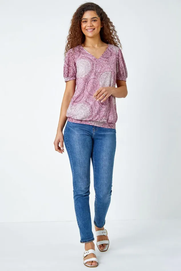 Women Maroon Abstract Circle Print VNeck Blouson Top Roman Tops
