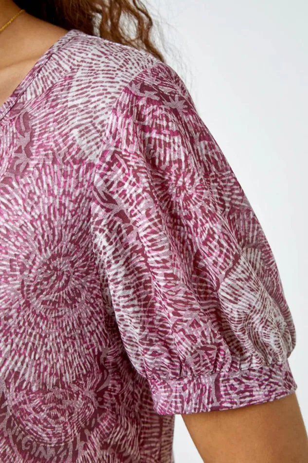 Women Maroon Abstract Circle Print VNeck Blouson Top Roman Tops