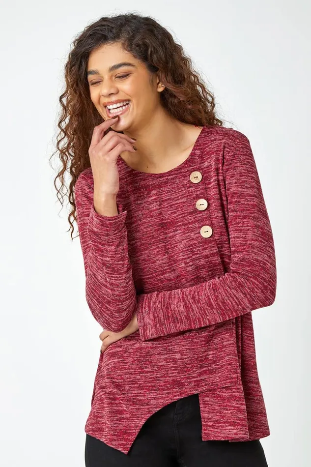 Women Maroon Button Stretch Knit Asymmetric Tunic Top Roman Tops