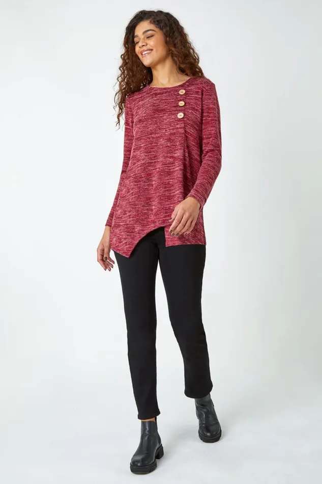 Women Maroon Button Stretch Knit Asymmetric Tunic Top Roman Tops