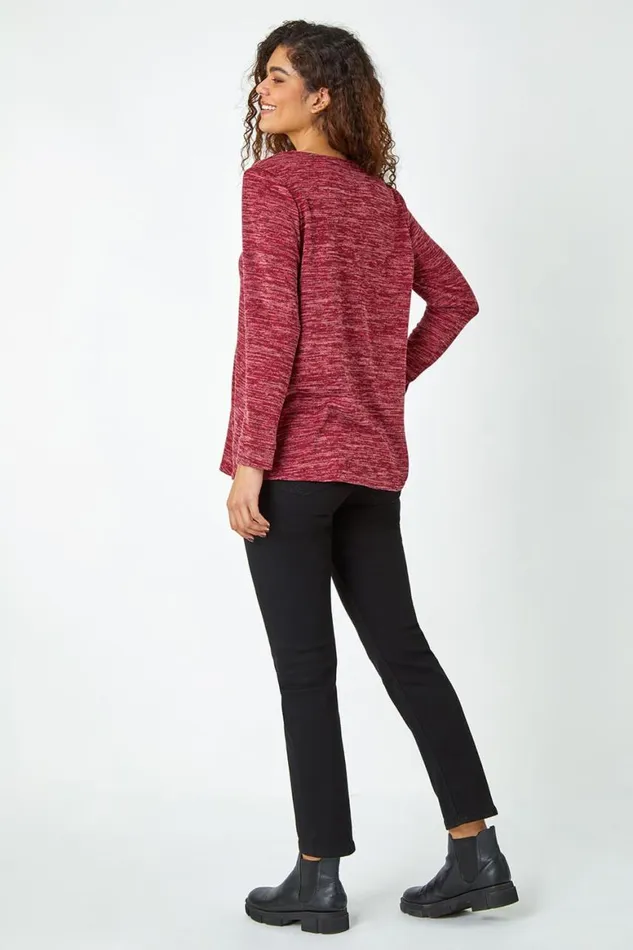 Women Maroon Button Stretch Knit Asymmetric Tunic Top Roman Tops