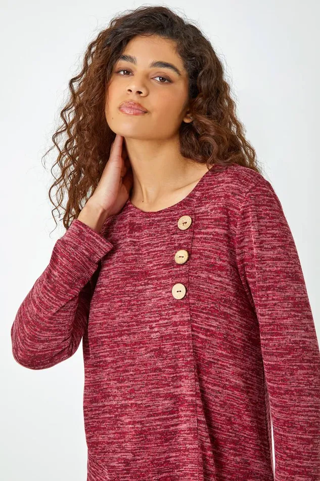 Women Maroon Button Stretch Knit Asymmetric Tunic Top Roman Tops