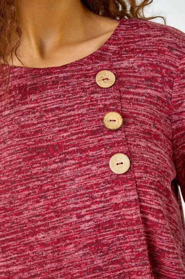 Women Maroon Button Stretch Knit Asymmetric Tunic Top Roman Tops