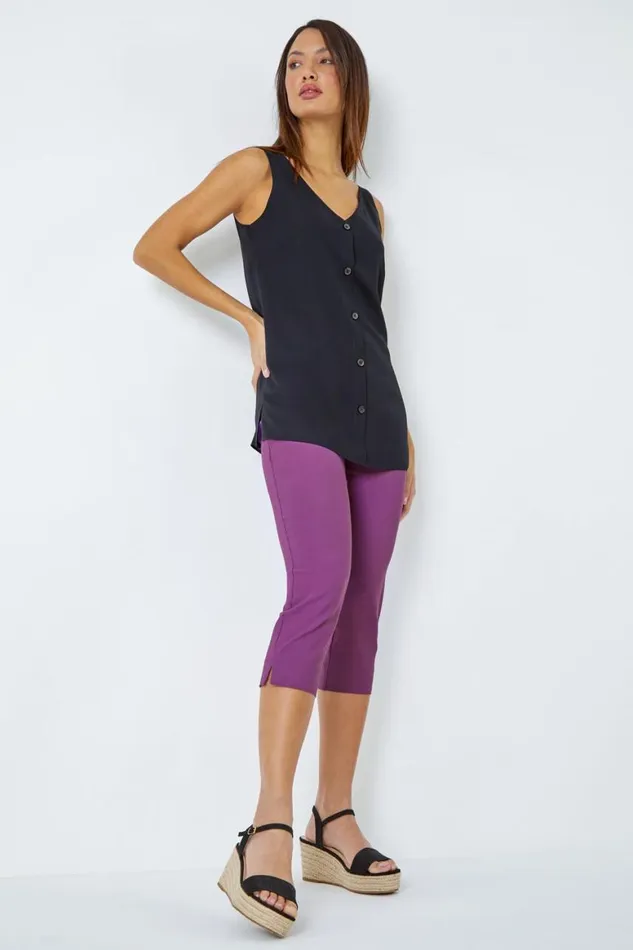 Women Mauve Elastic Waist Stretch Cropped Trousers Roman Coords