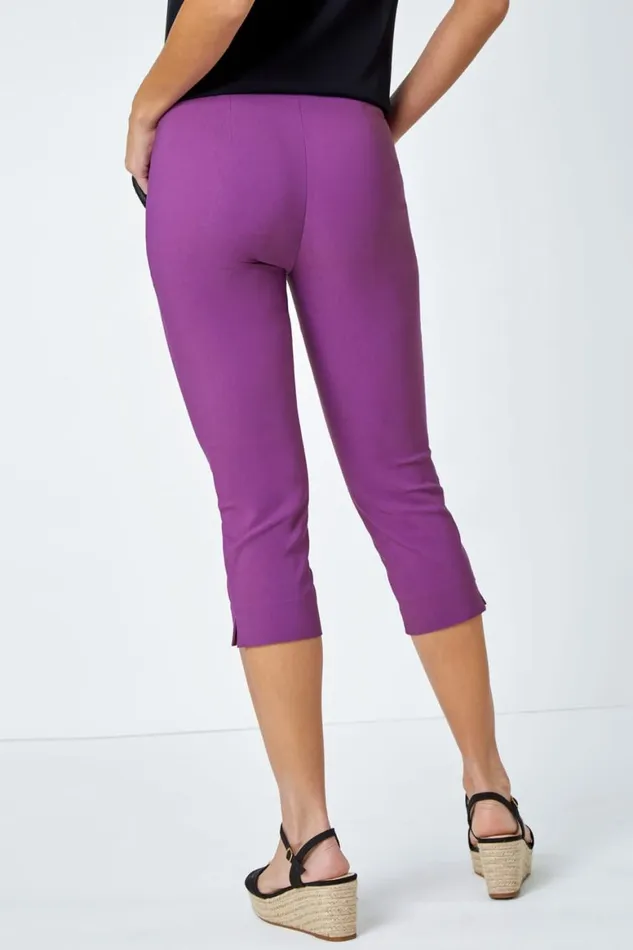 Women Mauve Elastic Waist Stretch Cropped Trousers Roman Coords
