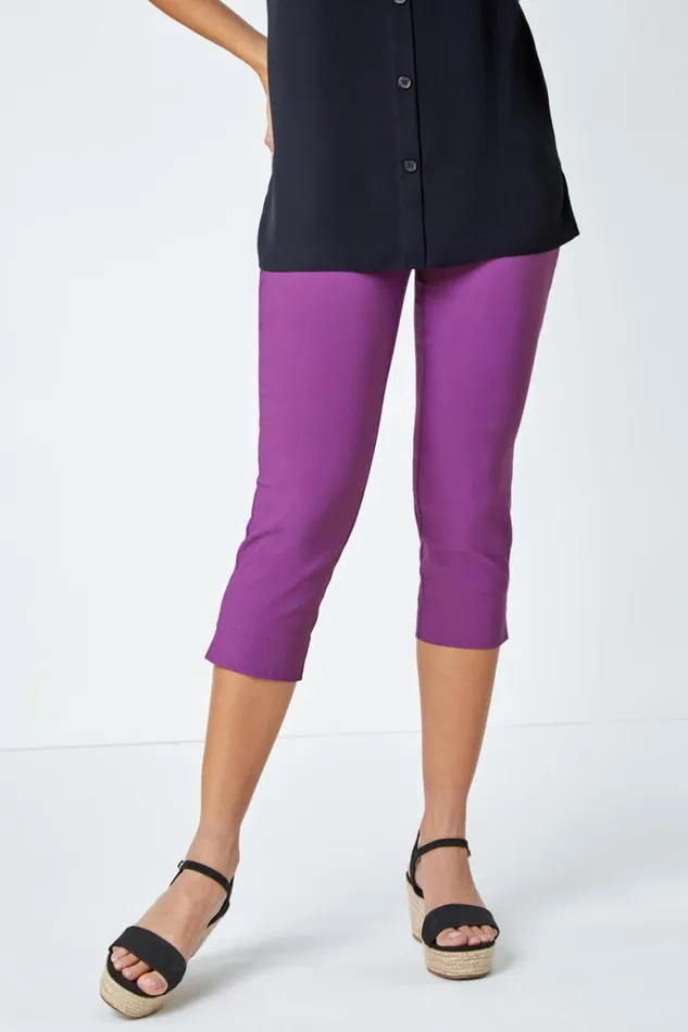 Women Mauve Elastic Waist Stretch Cropped Trousers Roman Coords