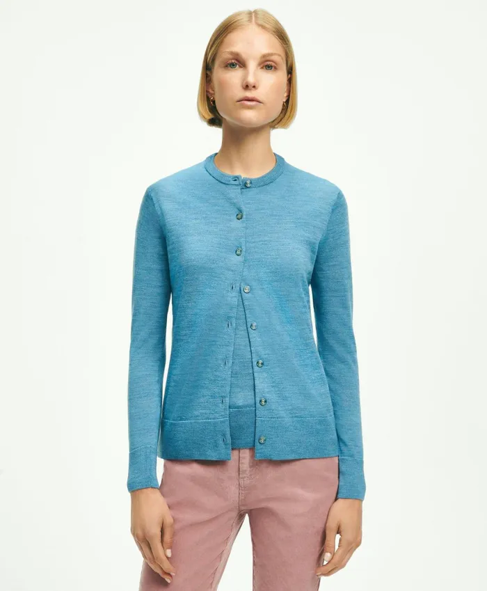 Women Merino Wool Cardigan Blue Heather Brooks Brothers Sweaters