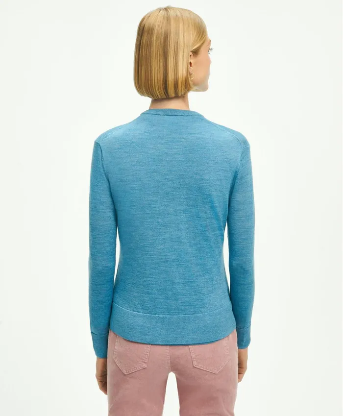 Women Merino Wool Cardigan Blue Heather Brooks Brothers Sweaters