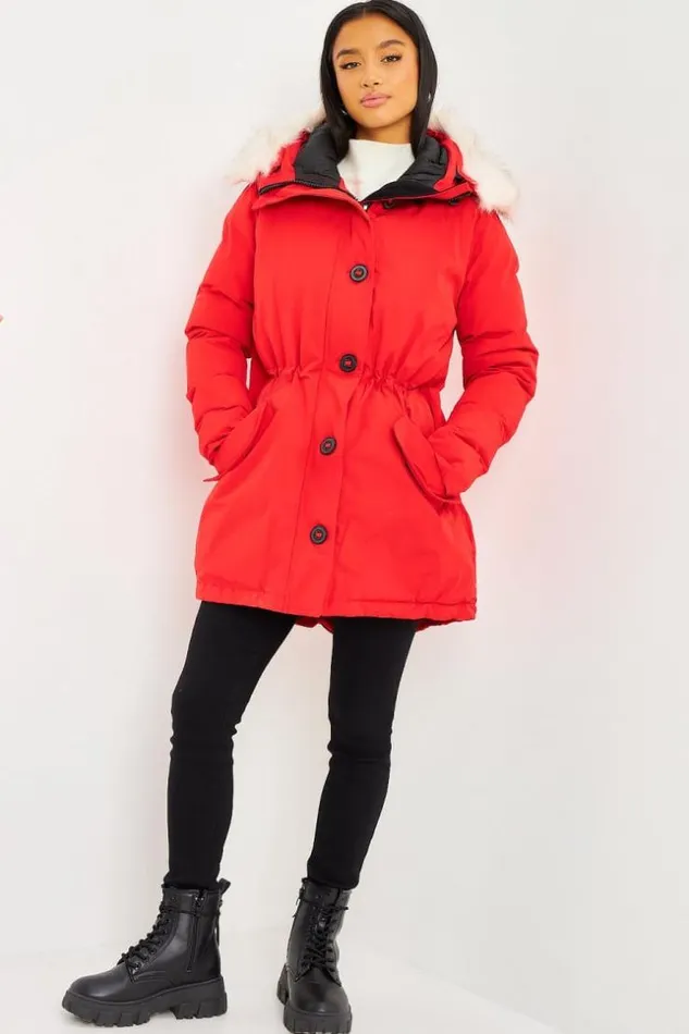 Women MidLength Parka With A White Fur Hood In Red Red Brentiny Paris Parkas And Down Jackets