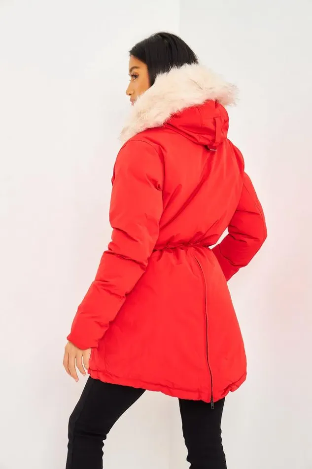 Women MidLength Parka With A White Fur Hood In Red Red Brentiny Paris Parkas And Down Jackets