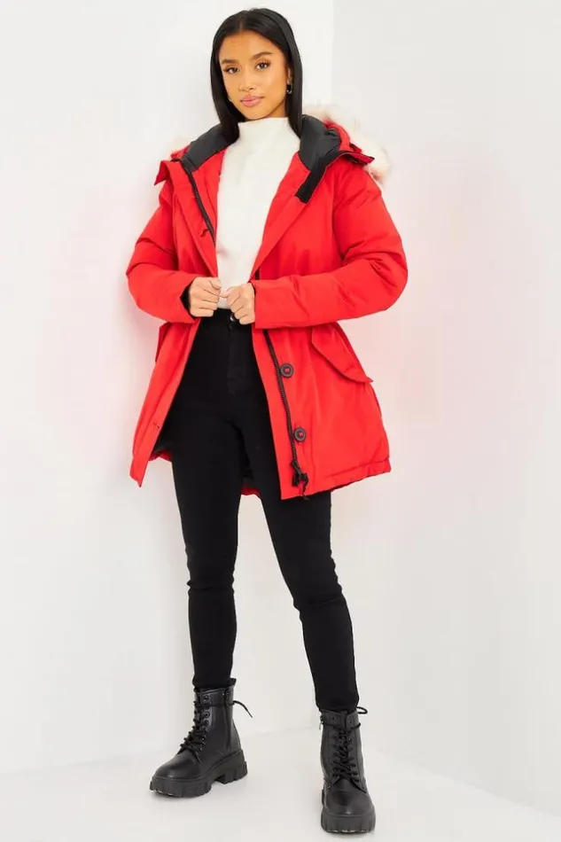 Women MidLength Parka With A White Fur Hood In Red Red Brentiny Paris Parkas And Down Jackets