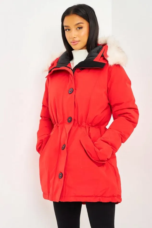 Women MidLength Parka With A White Fur Hood In Red Red Brentiny Paris Parkas And Down Jackets