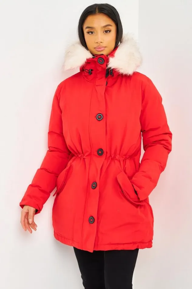 Women MidLength Parka With A White Fur Hood In Red Red Brentiny Paris Parkas And Down Jackets