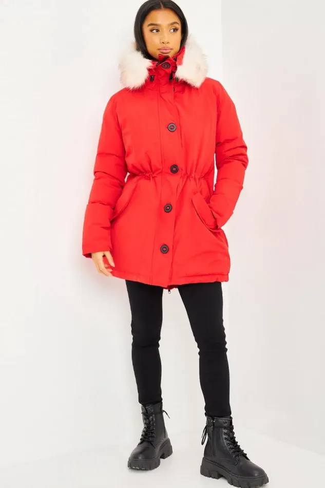 Women MidLength Parka With A White Fur Hood In Red Red Brentiny Paris Parkas And Down Jackets
