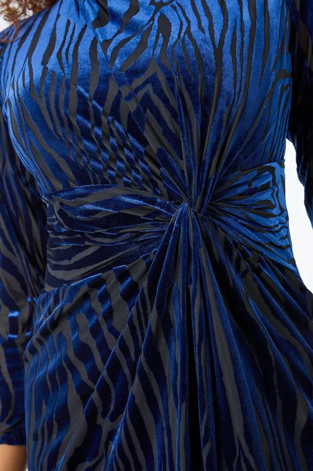 Women Midnight Blue Petite Zebra Print Burnout Ruched Midi Dress Roman Dresses