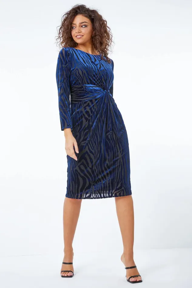 Women Midnight Blue Petite Zebra Print Burnout Ruched Midi Dress Roman Dresses