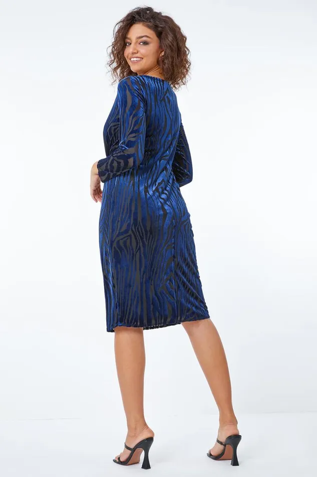 Women Midnight Blue Petite Zebra Print Burnout Ruched Midi Dress Roman Dresses