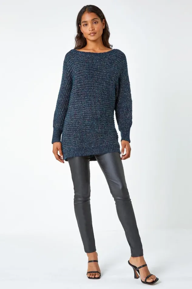 Women Midnight Blue Shimmer Thread Longline Jumper Roman Knitwear