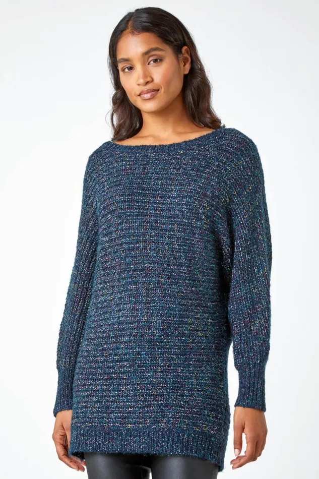 Women Midnight Blue Shimmer Thread Longline Jumper Roman Knitwear