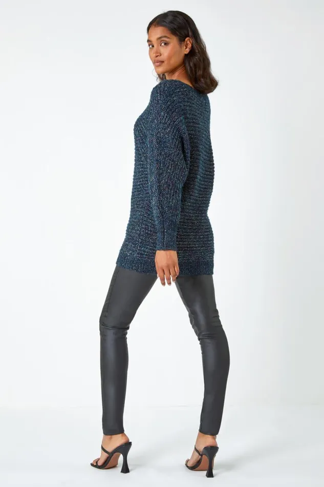 Women Midnight Blue Shimmer Thread Longline Jumper Roman Knitwear