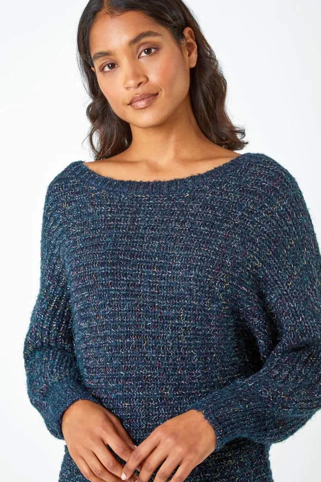Women Midnight Blue Shimmer Thread Longline Jumper Roman Knitwear