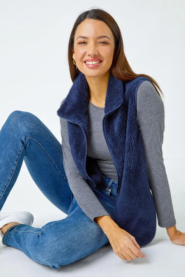 Women Midnight Blue Soft Sherpa Fleece Gilet Roman Jackets