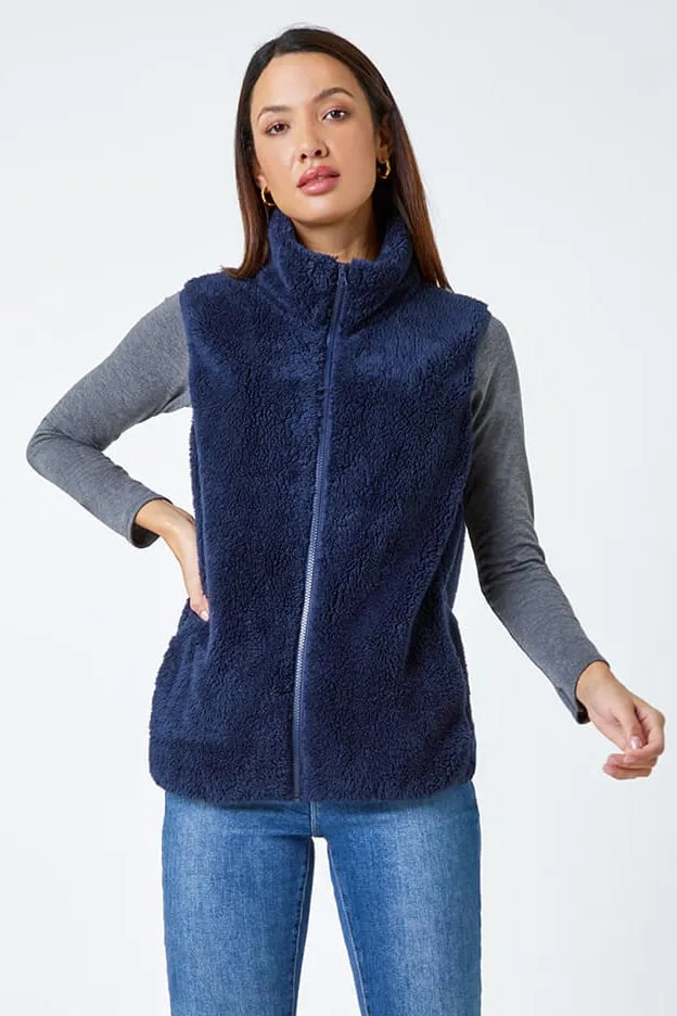 Women Midnight Blue Soft Sherpa Fleece Gilet Roman Jackets