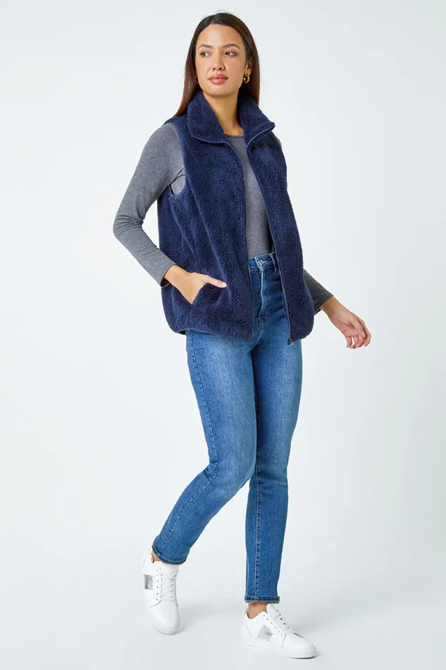 Women Midnight Blue Soft Sherpa Fleece Gilet Roman Jackets