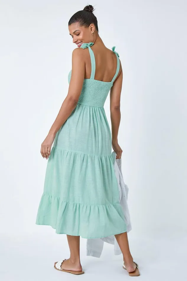 Women Mink Shirred Tie Cotton Tiered Midi Dress Roman Dresses