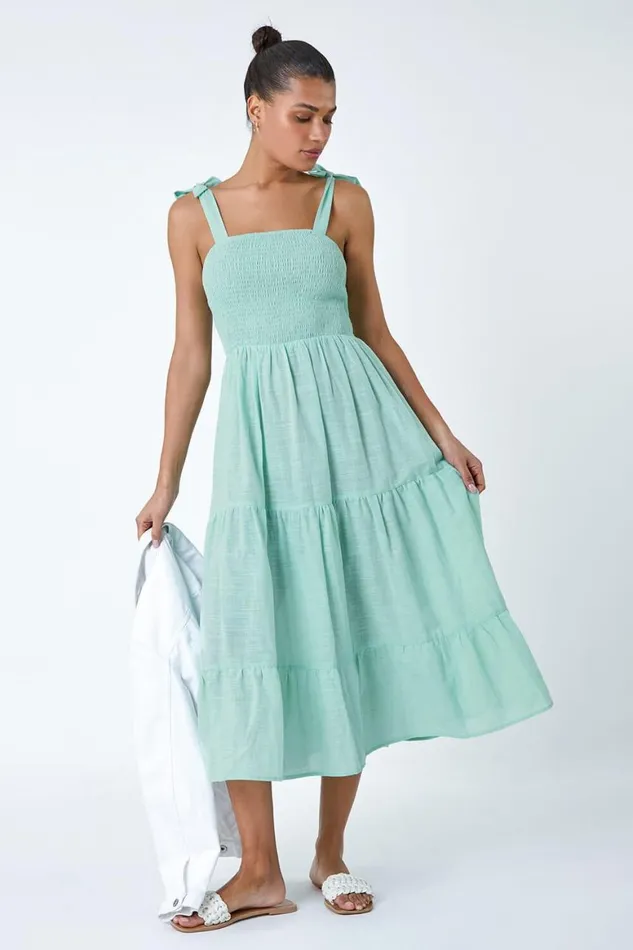 Women Mink Shirred Tie Cotton Tiered Midi Dress Roman Dresses