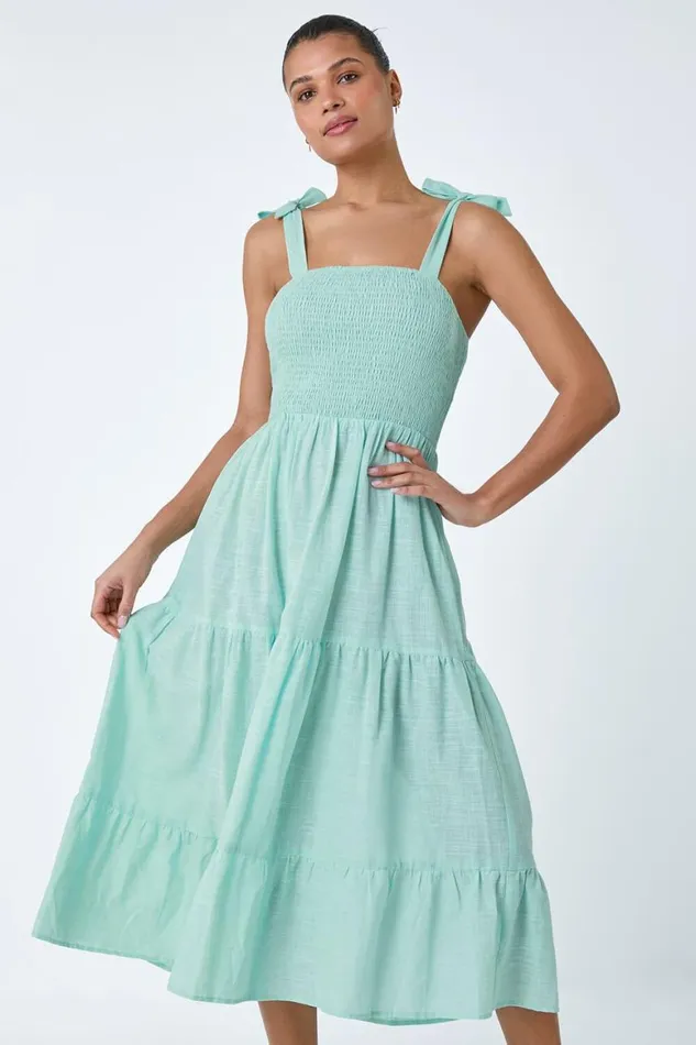 Women Mink Shirred Tie Cotton Tiered Midi Dress Roman Dresses