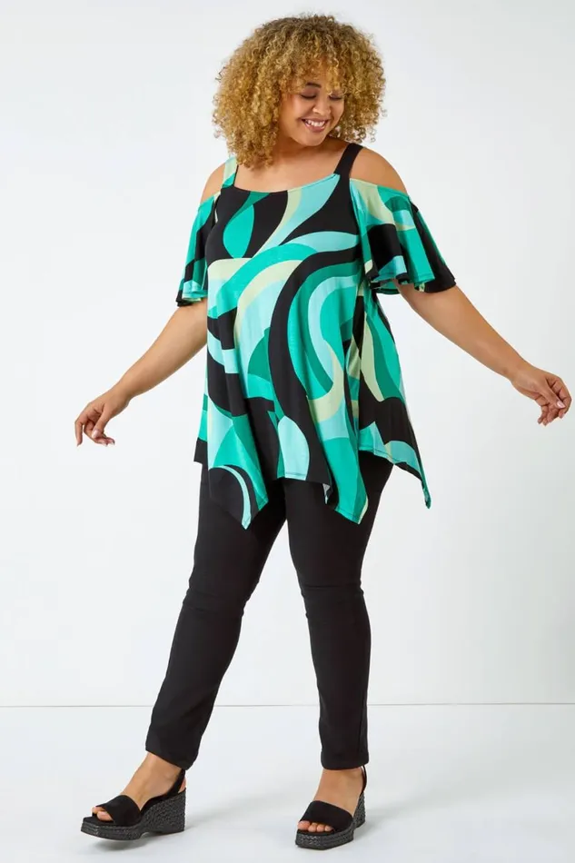 Women Mint Curve Abstract Cold Shoulder Top Roman Tops
