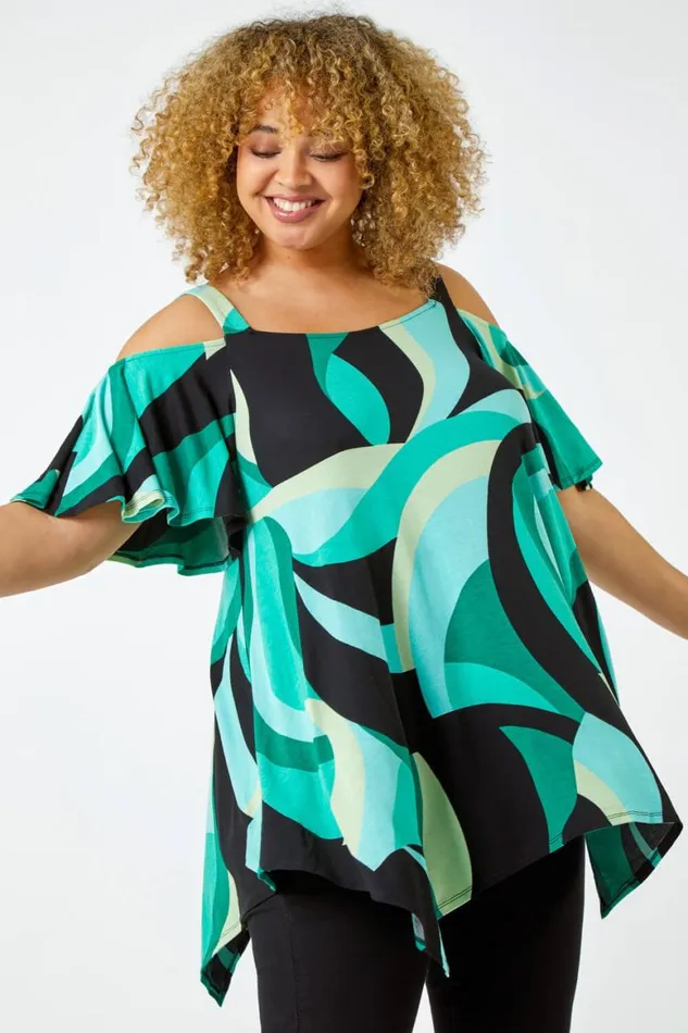 Women Mint Curve Abstract Cold Shoulder Top Roman Tops