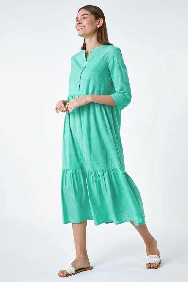 Women Mint Embroidered Tiered Cotton Midi Dress Roman Dresses