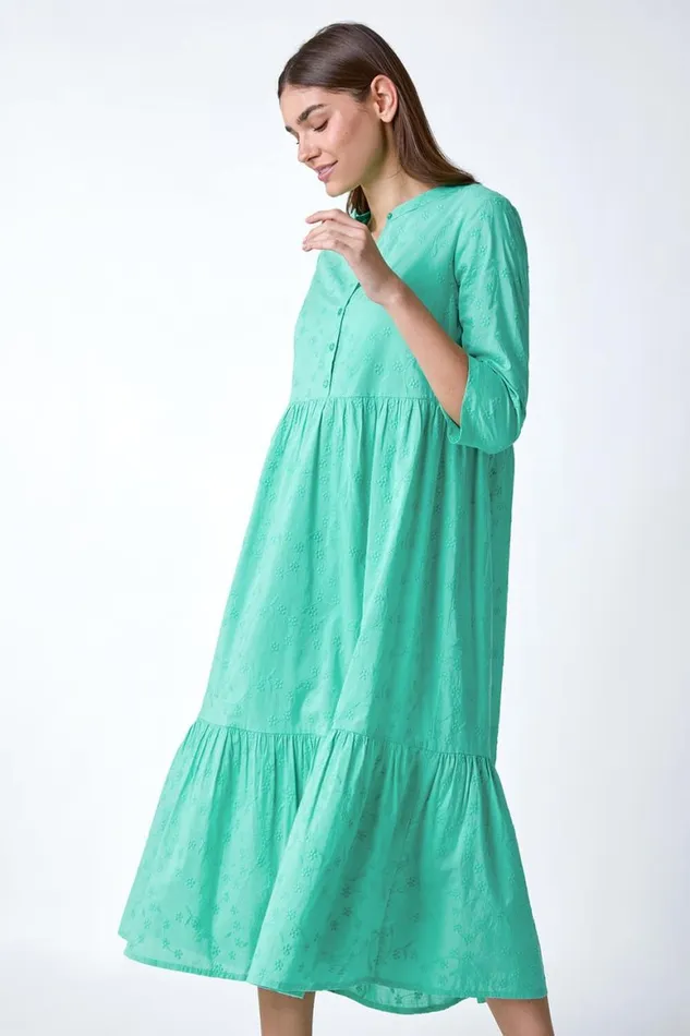 Women Mint Embroidered Tiered Cotton Midi Dress Roman Dresses
