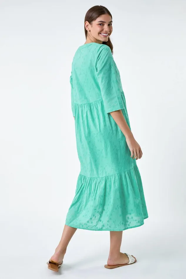 Women Mint Embroidered Tiered Cotton Midi Dress Roman Dresses
