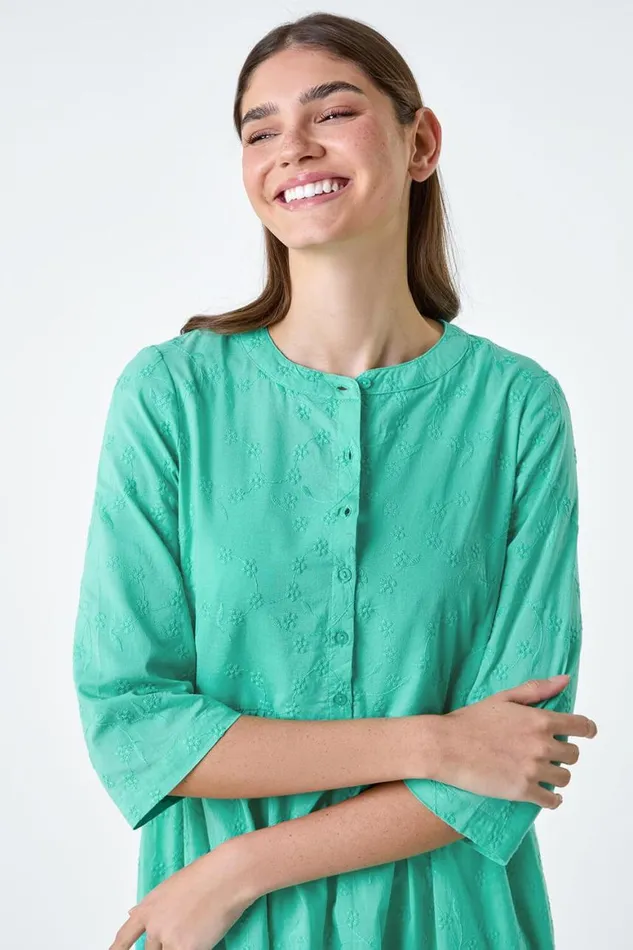 Women Mint Embroidered Tiered Cotton Midi Dress Roman Dresses