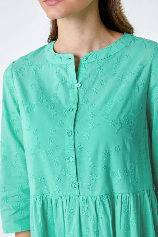 Women Mint Embroidered Tiered Cotton Midi Dress Roman Dresses