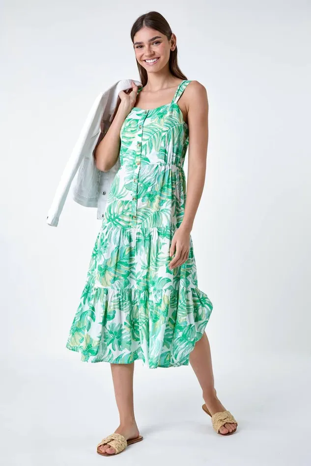Women Mint Leaf Print Cotton Tiered Dress Roman Dresses