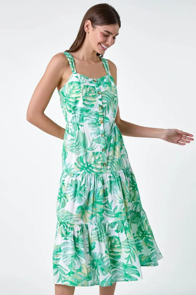 Women Mint Leaf Print Cotton Tiered Dress Roman Dresses