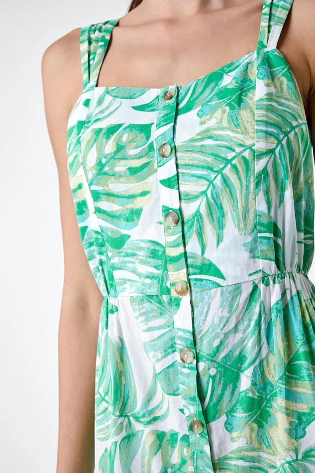Women Mint Leaf Print Cotton Tiered Dress Roman Dresses