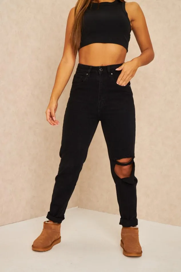 Women Mom Jeans With Rip Detail On The Knee In Black Black Brentiny Paris Jeans