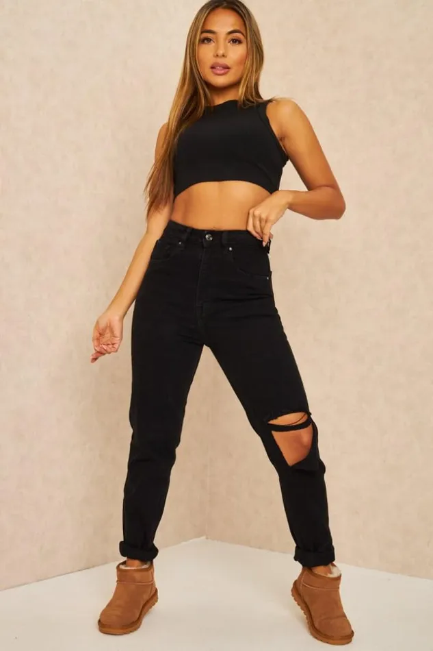 Women Mom Jeans With Rip Detail On The Knee In Black Black Brentiny Paris Jeans