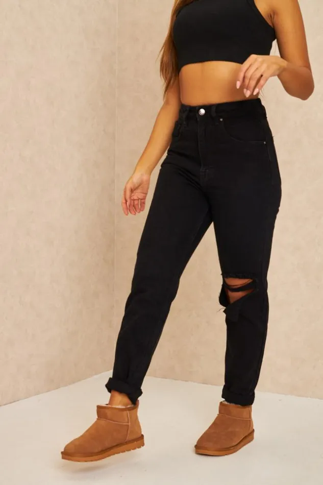 Women Mom Jeans With Rip Detail On The Knee In Black Black Brentiny Paris Jeans