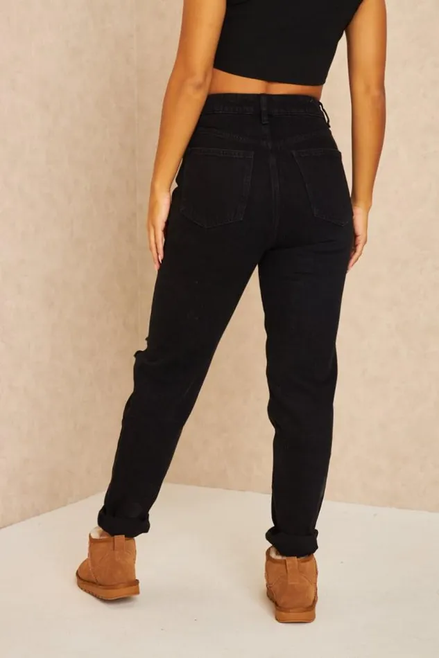 Women Mom Jeans With Rip Detail On The Knee In Black Black Brentiny Paris Jeans
