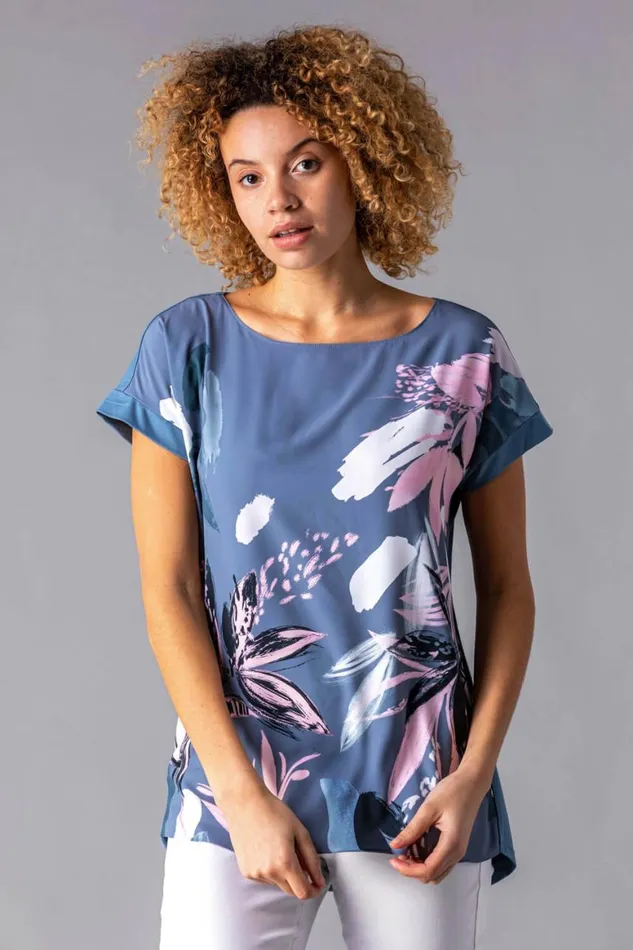 Women Multi Abstract Leaf Print Stretch TShirt Roman Tops
