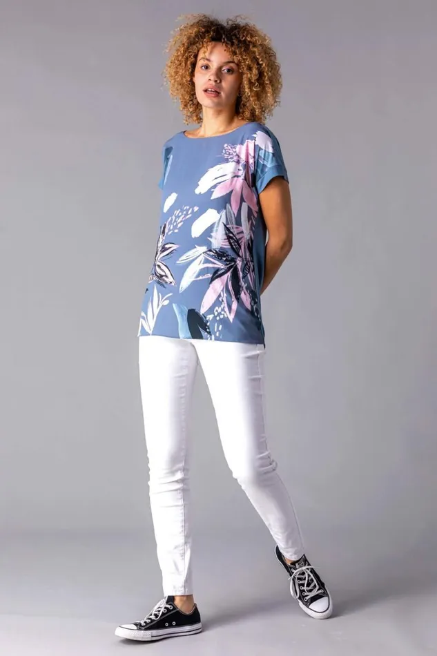 Women Multi Abstract Leaf Print Stretch TShirt Roman Tops