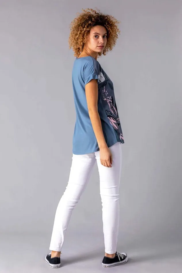 Women Multi Abstract Leaf Print Stretch TShirt Roman Tops