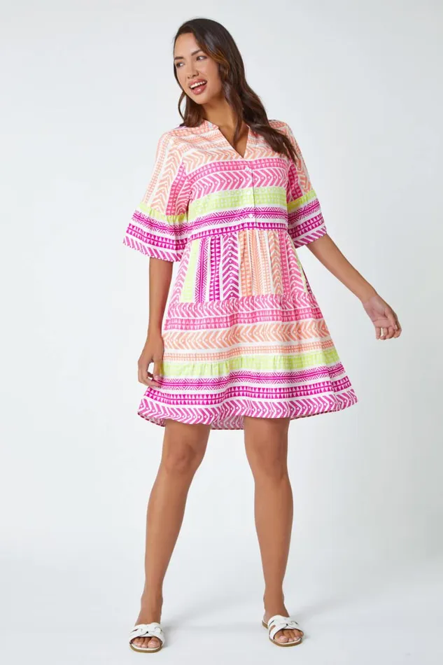 Women Multi Aztec Print Smock Dress Roman Dresses