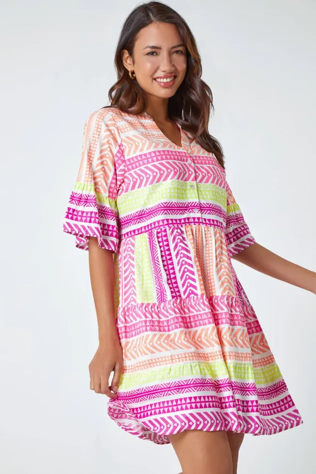 Women Multi Aztec Print Smock Dress Roman Dresses